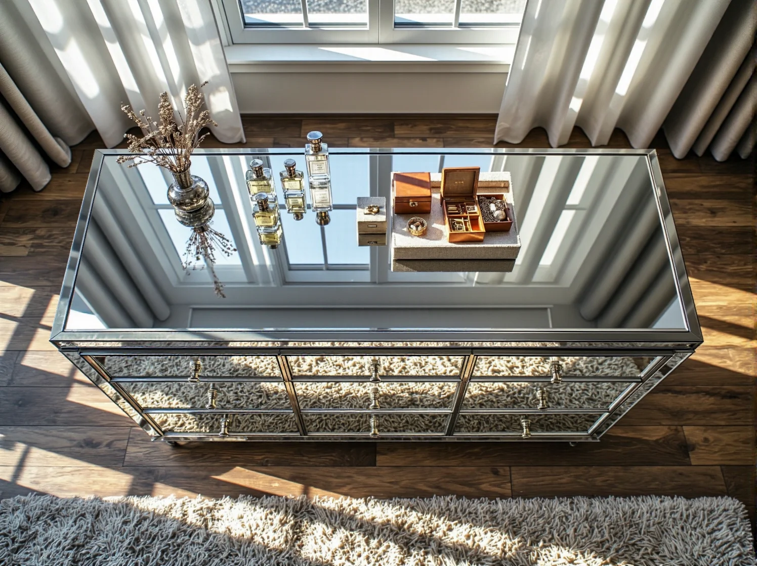 Aranżacja wnętrza z lustrzaną komodą glamour odbijającą światło i dodającą blasku