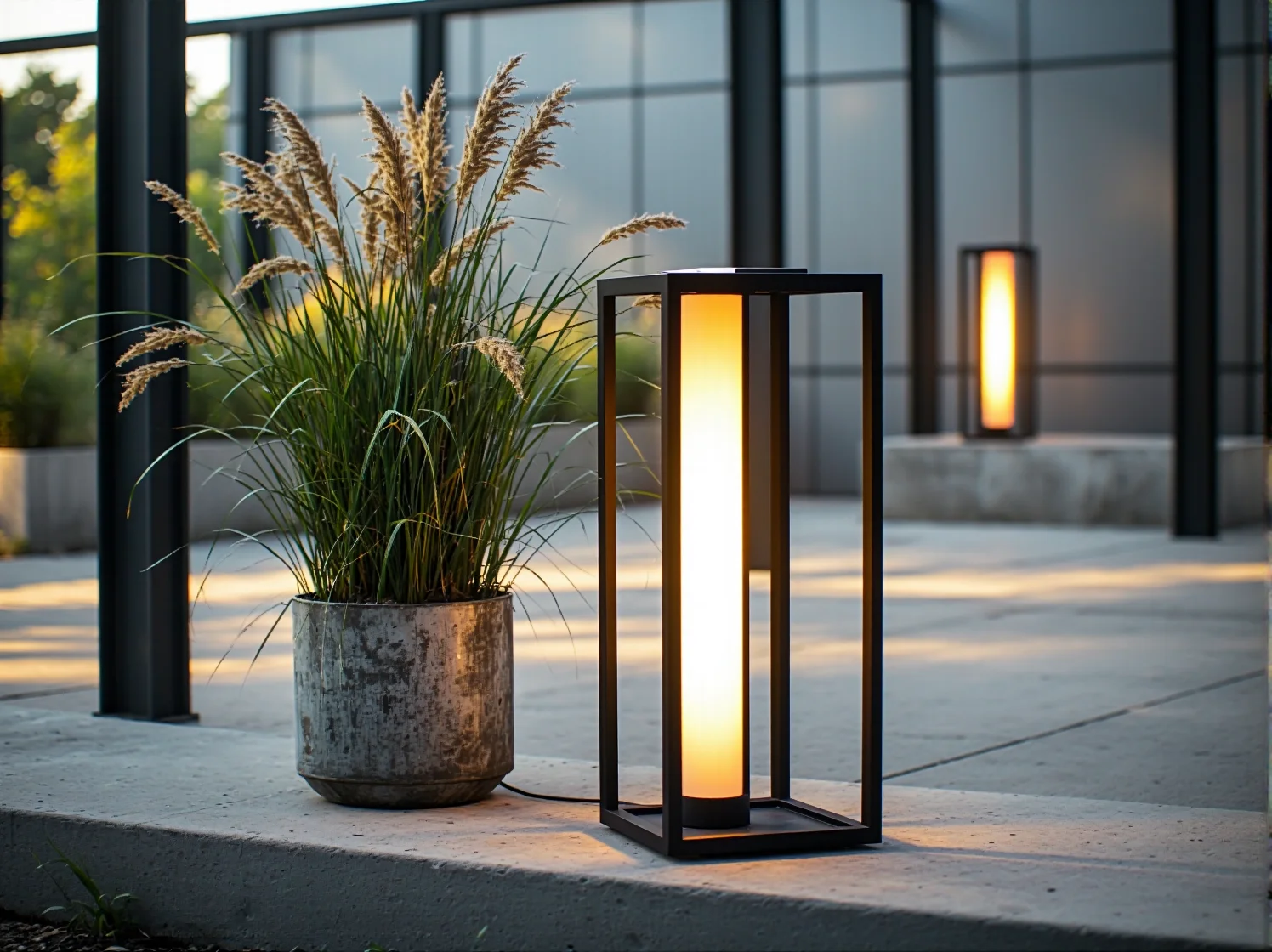 Zbliżenie na minimalistyczną lampę solarną na tle surowej, ceglanej ściany loftowego tarasu.