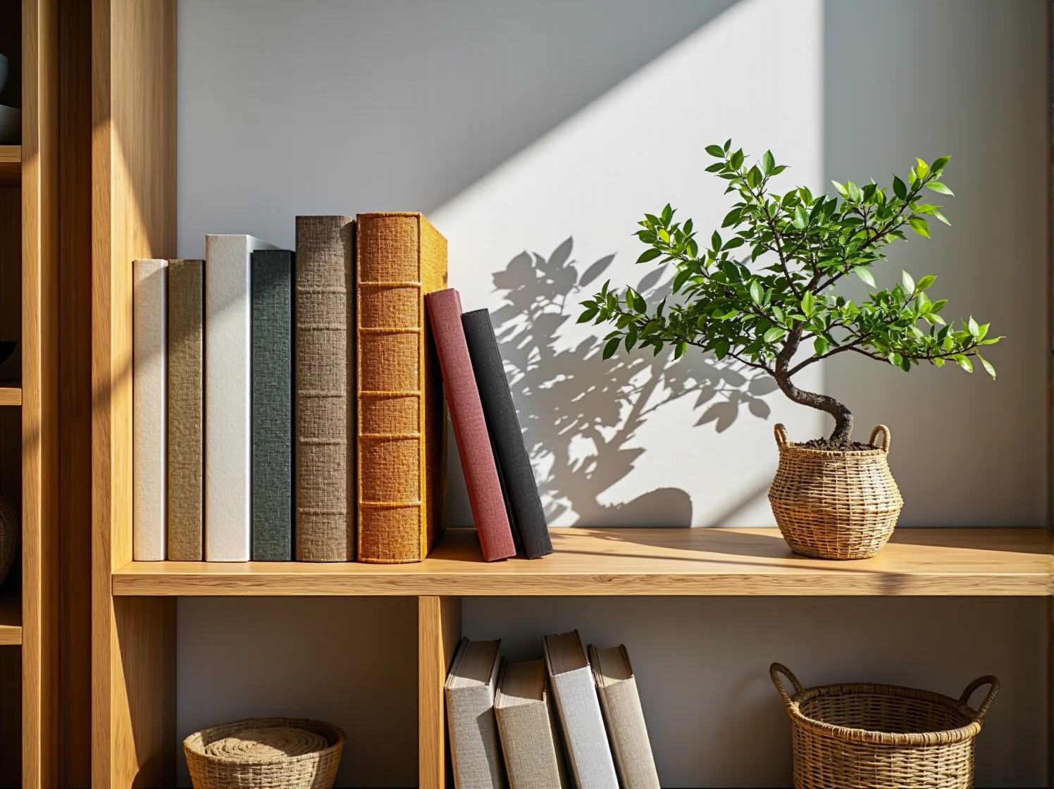 Nowoczesny regał narożny w stylu japandi idealnie wkomponowany w narożnik pokoju z roślinami