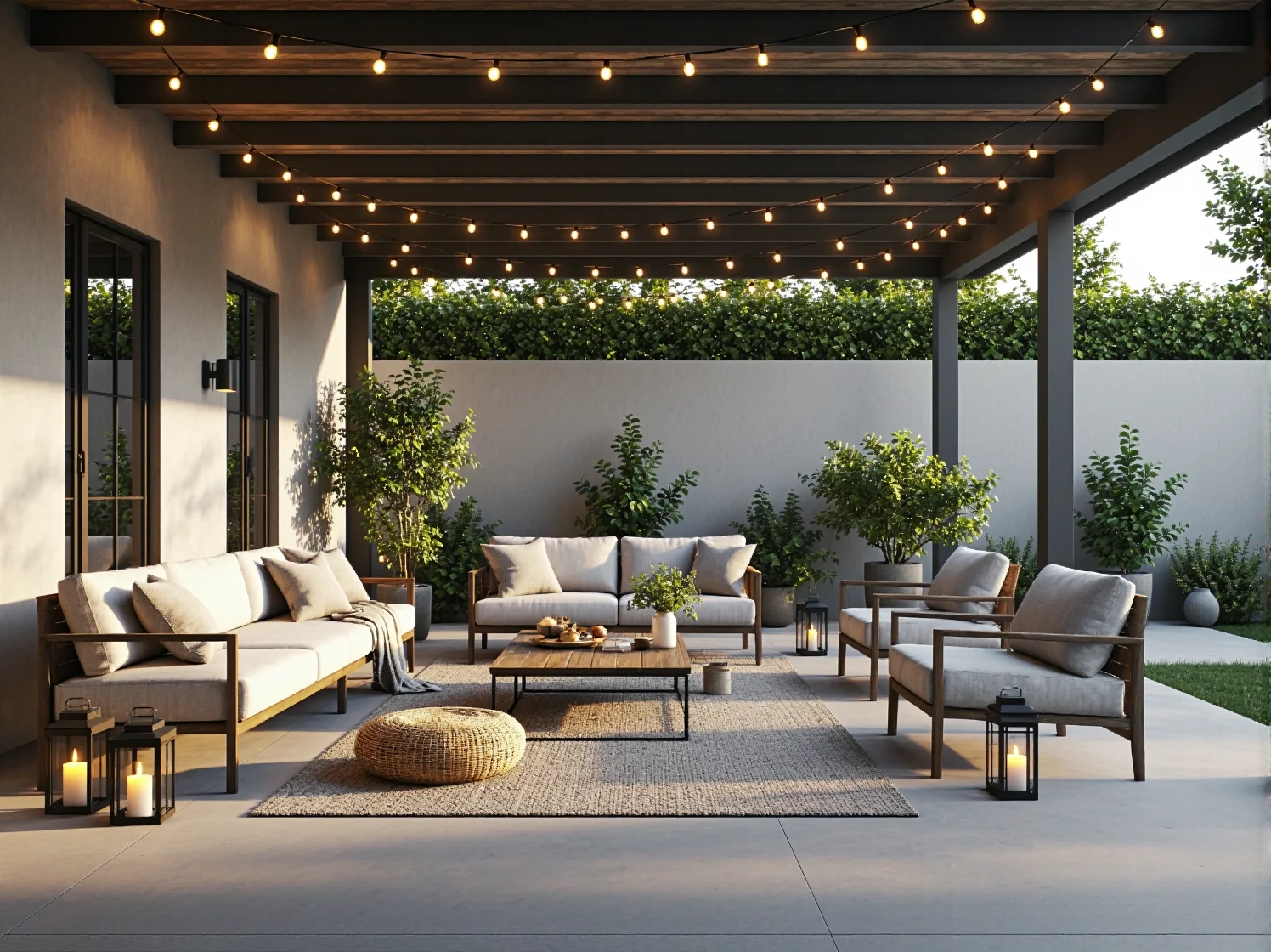 Zestaw mebli ogrodowych drewnianych z beżowymi poduszkami