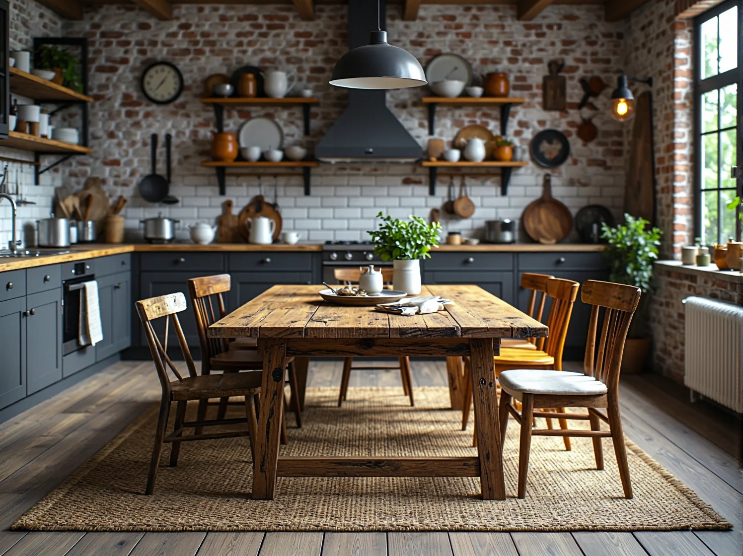 Odnowiony stół wiejski z krzesłami w jasnej jadalni w stylu rustykalnym.