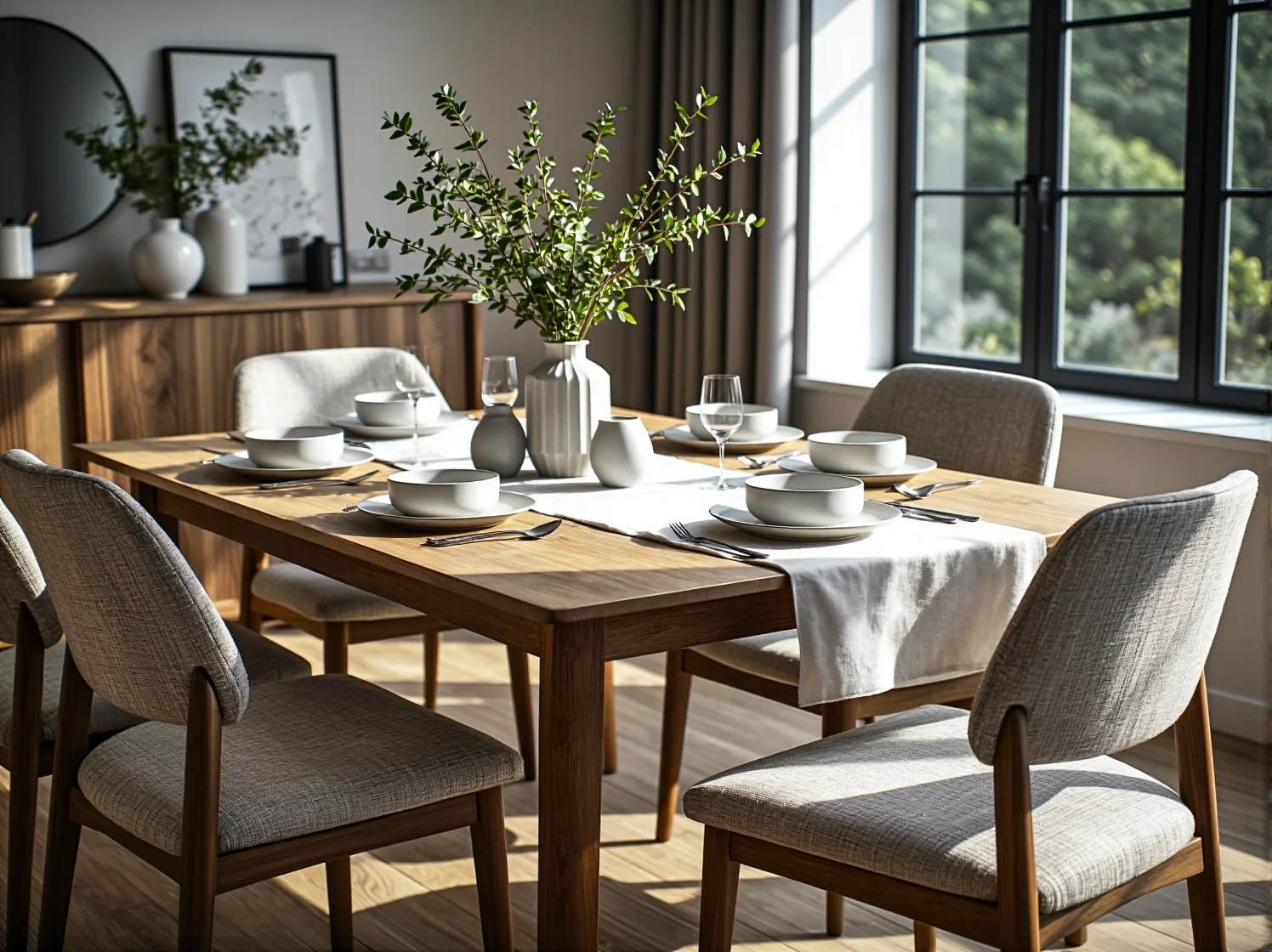 Okrągły stół do jadalni w małym aneksie kuchennym – sprytny sposób na oszczędność miejsca.