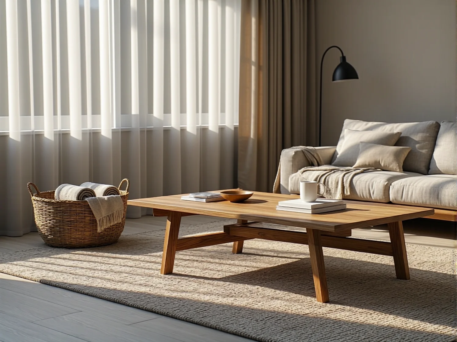 Nakładanie naturalnego oleju na drewniany stolik kawowy japandi - zabezpieczenie blatu ławy.