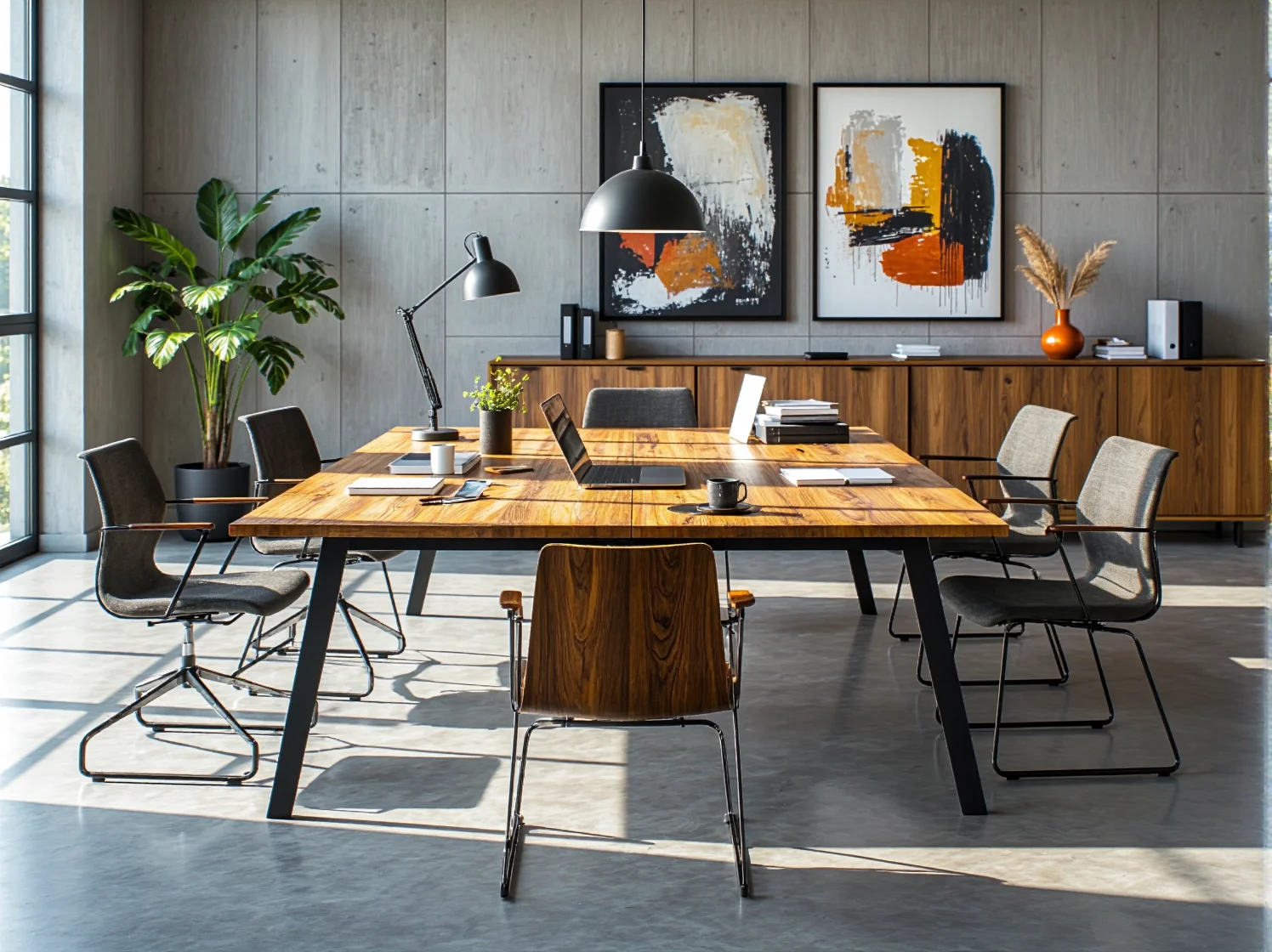 Nowoczesne biuro typu open space łączące metalowe konstrukcje z ciepłym drewnem i roślinnością.