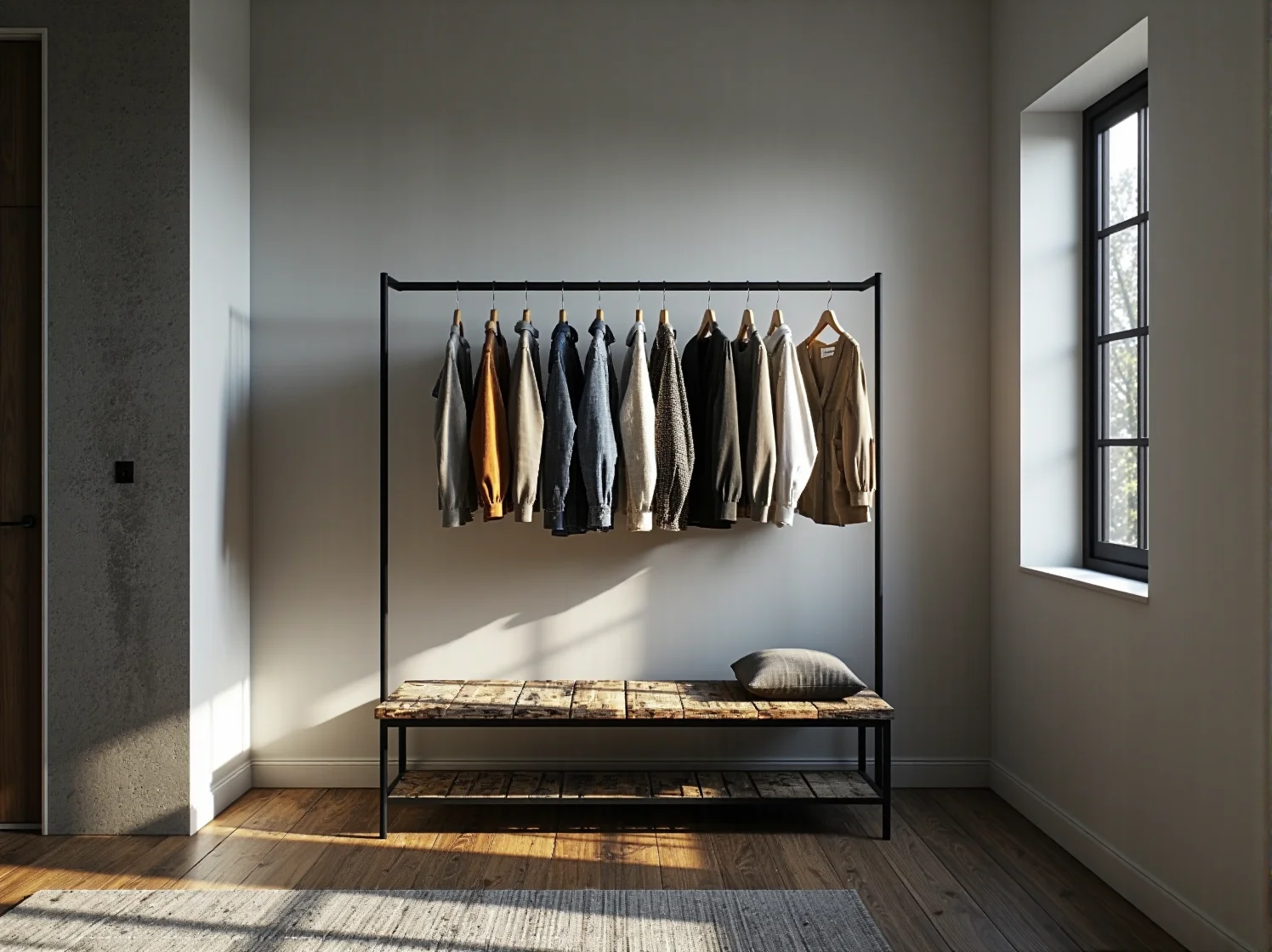 Metalowe lampy wiszące i miękkie tekstylia w sypialni o charakterze industrialnym