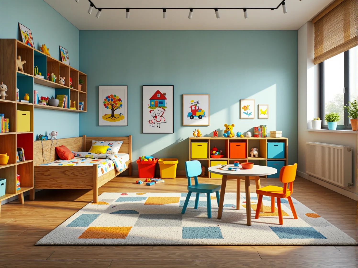 Zestaw mebli dziecięcych dąb z kolorowymi pojemnikami i regałem