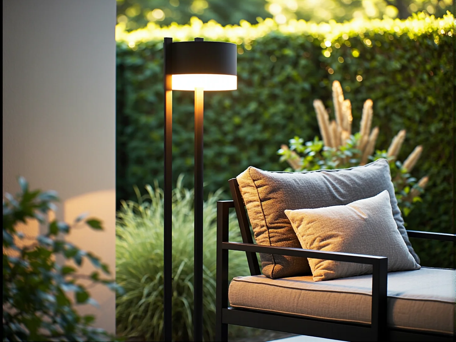 Oświetlenie mebli ogrodowych wieczorową porą tworzące przytulny klimat w ogrodzie.