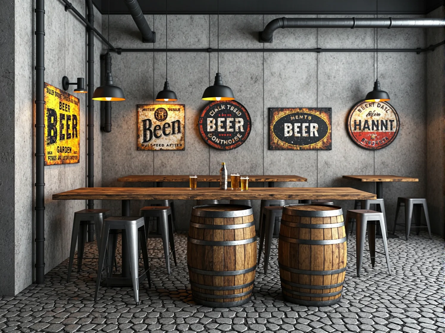 Klimatyczne oświetlenie industrialne w ogródku piwnym – wiszące lampy typu loft nad stolikami