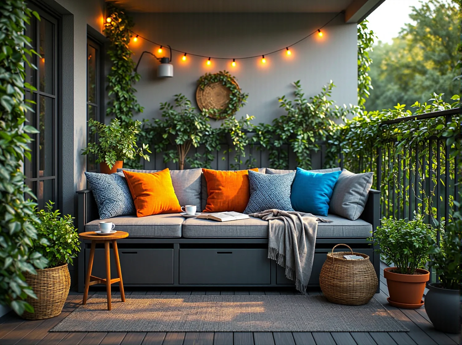 Nastrojowe oświetlenie i girlandy świetlne na przytulnym małym balkonie