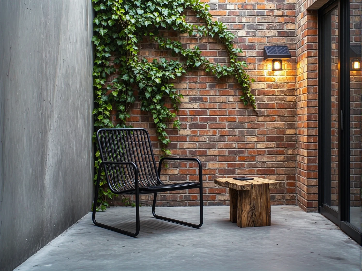 Wieczorne oświetlenie tarasu industrialnego z wykorzystaniem ekologicznych girland solarnych.