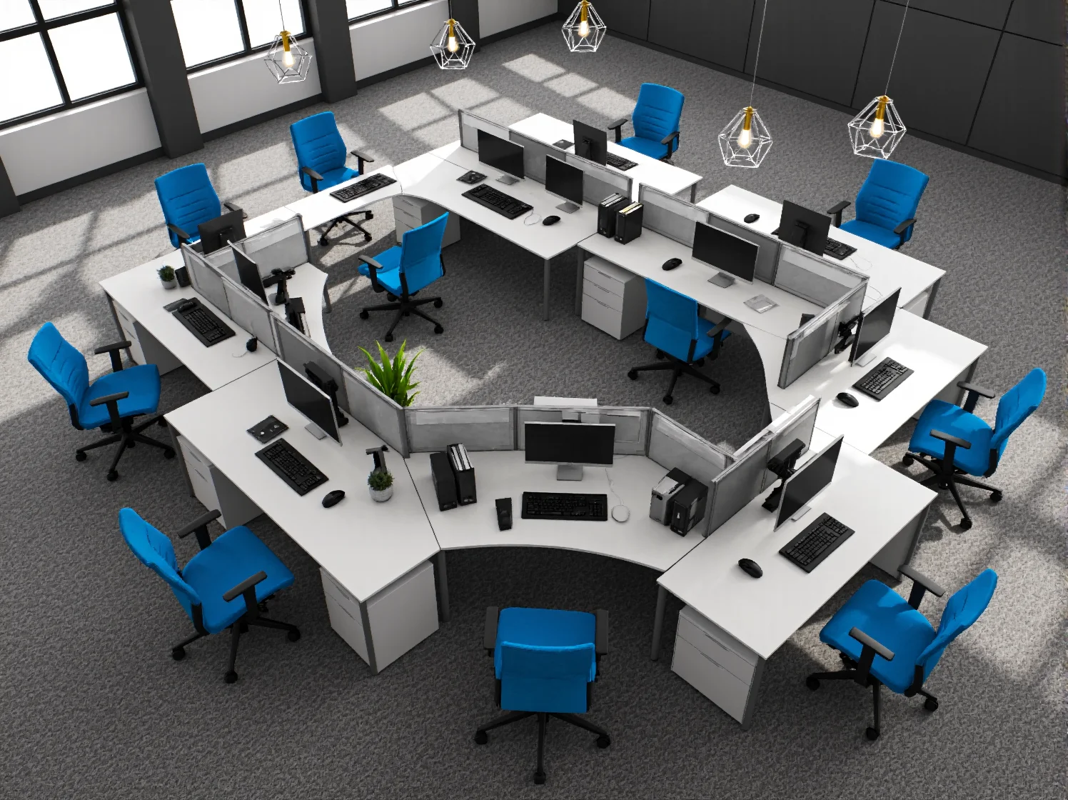 Nowoczesna przestrzeń coworkingowa z ergonomicznymi biurkami i ludźmi pracującymi w komfortowych warunkach.