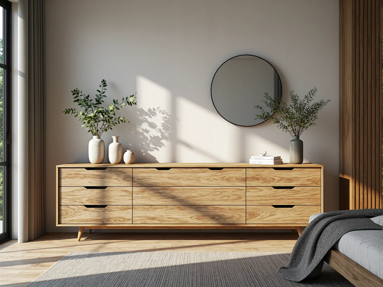 Przytulna aranżacja sypialni skandynawskiej z miękkimi tekstyliami i jasnym, drewnianym wykończeniem.