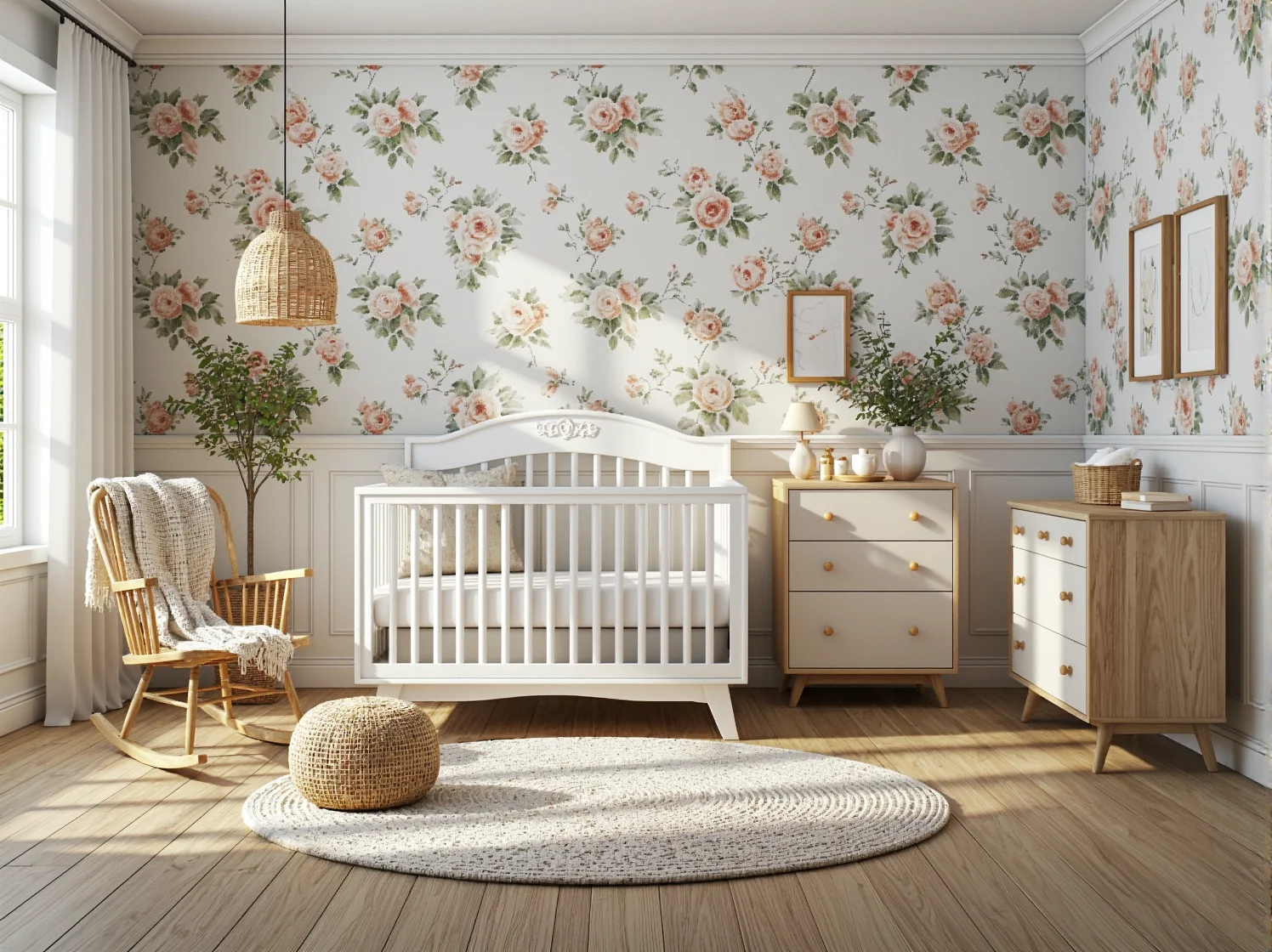 Białe łóżeczko niemowlęce z ozdobnym szczytem i drewnianymi nogami