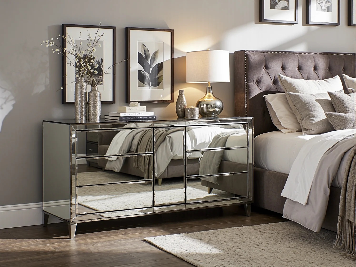 Ranking komód glamour: nowoczesny model z lustrem optycznie powiększający salon