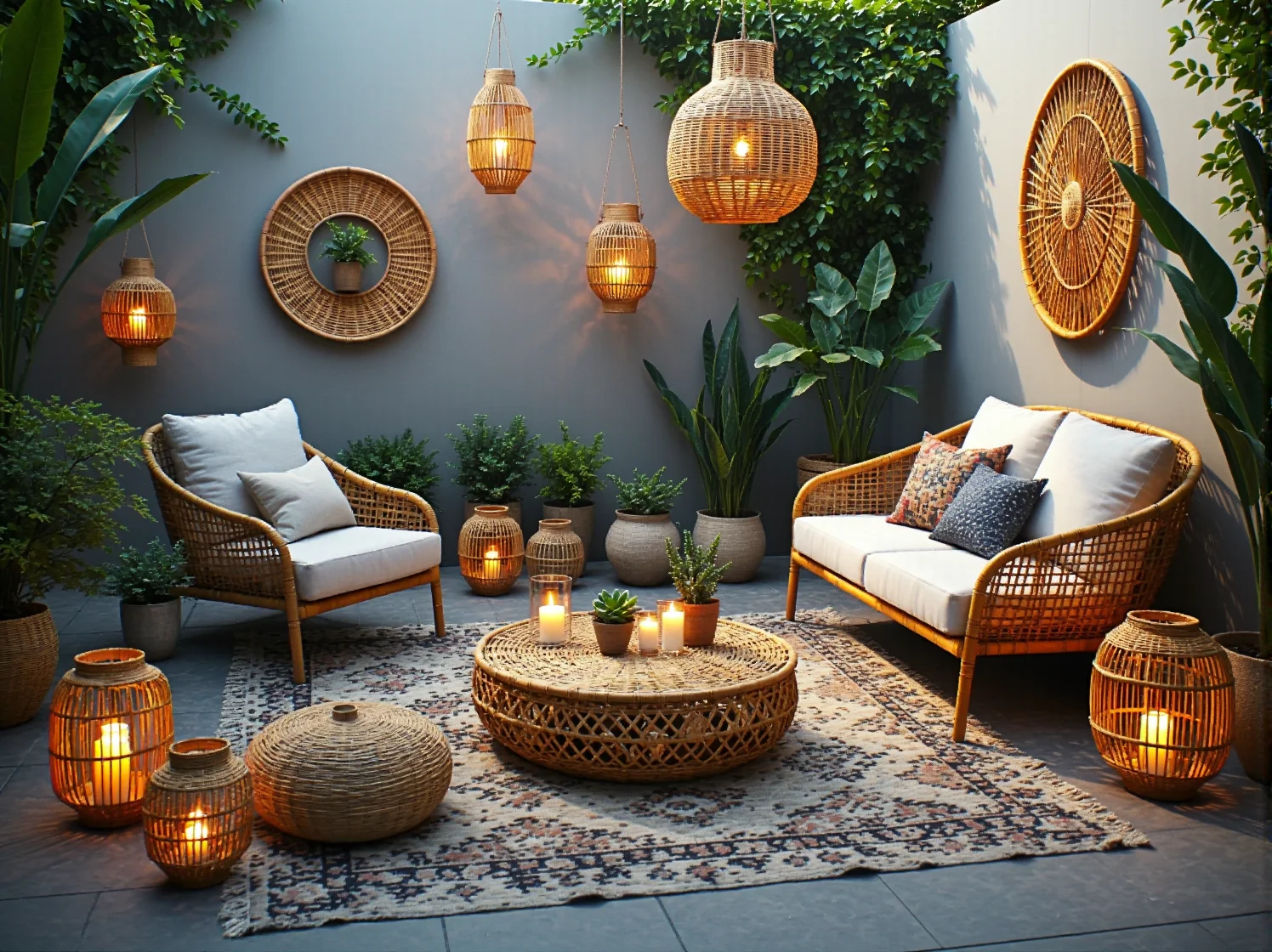 Stylowe dodatki z rattanu, lampiony i plecione kosze tworzące klimat boho w ogrodzie.