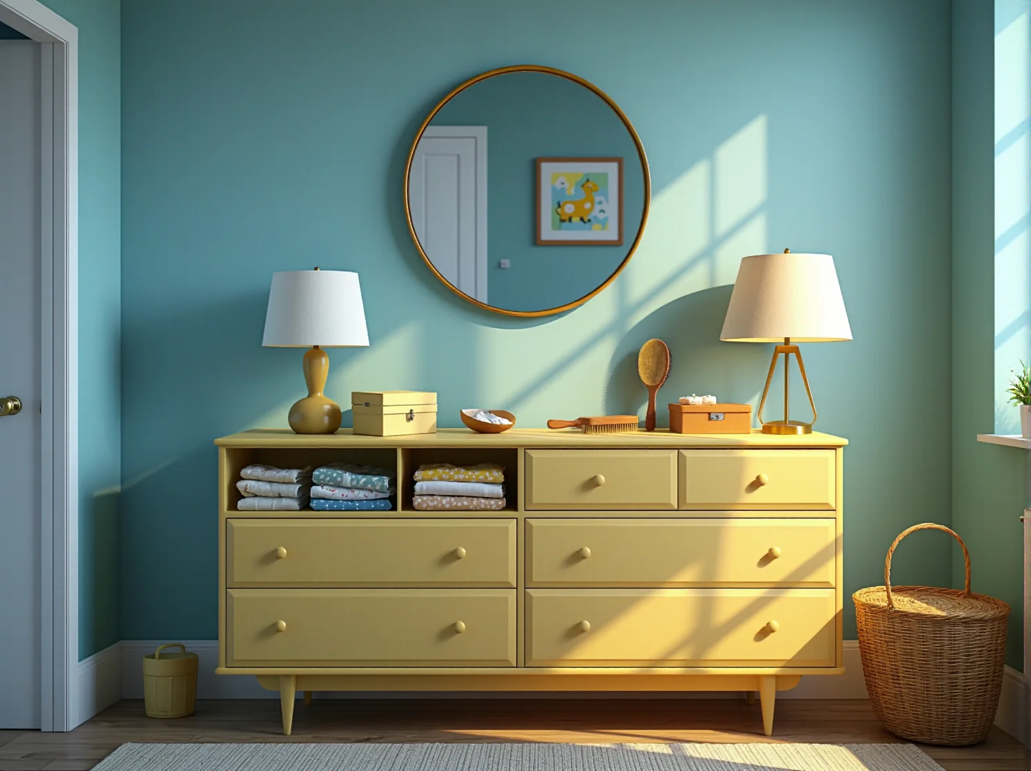 Rattanowe dodatki i wiklinowy kosz mojżesza w dziecięcym pokoju inspirowanym stylem retro.