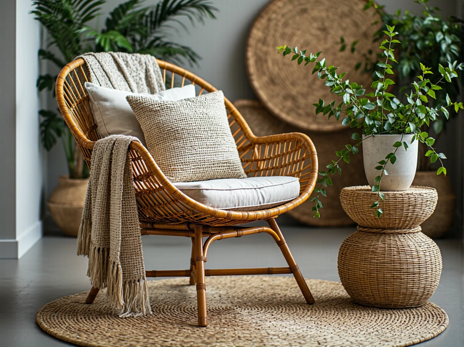 Rattanowy fotel wiszący typu kokon na tarasie w otoczeniu zielonych roślin i dekoracji boho.