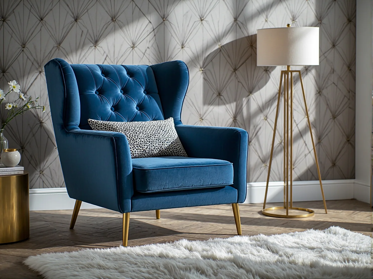 Stylowy regał na książki ze złotymi detalami w eleganckim pokoju do nauki w stylu glamour.