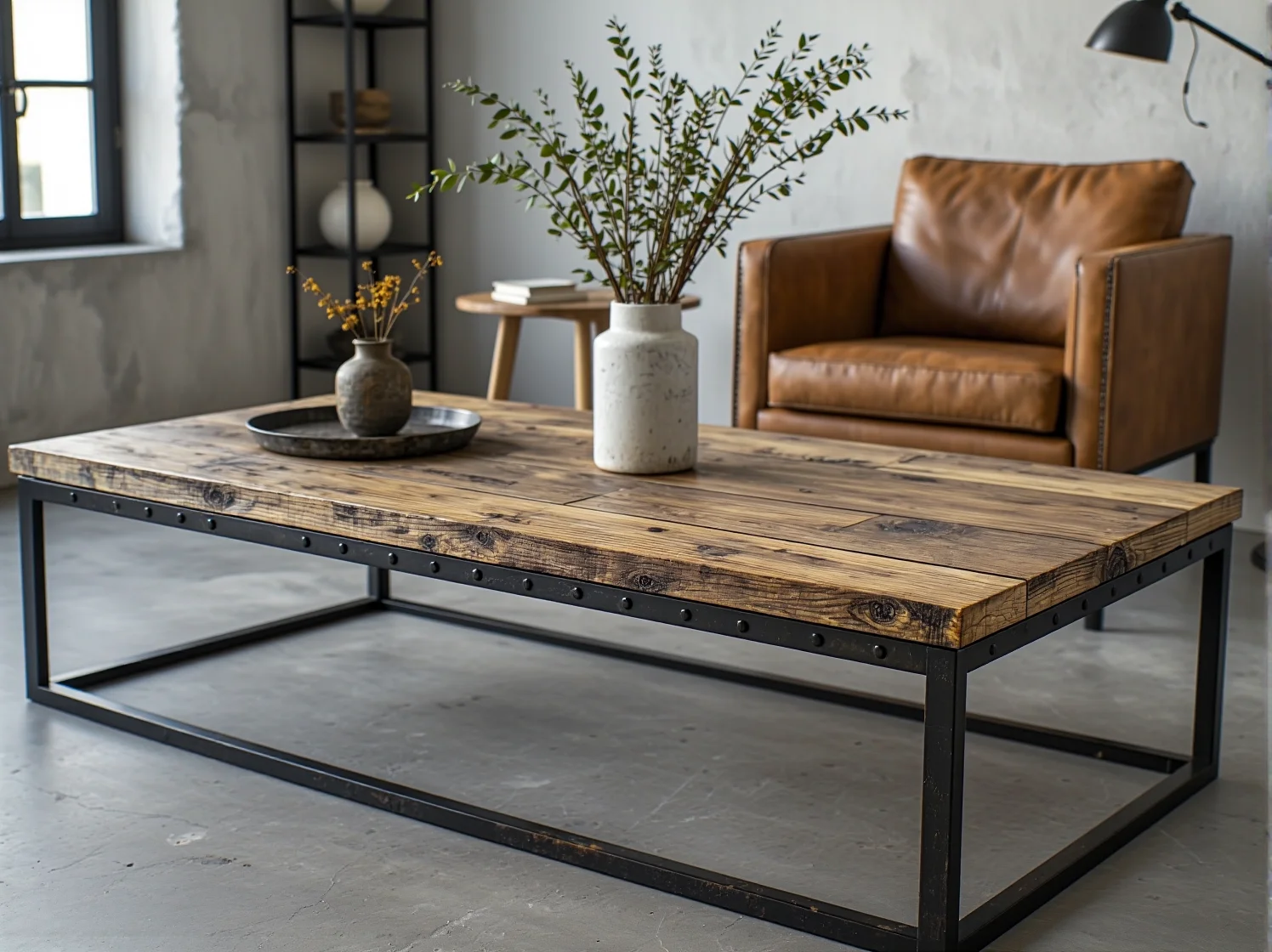 Regał loftowy z metalu i drewna, eksponujący trwałość mebli industrialnych w nowoczesnym salonie.