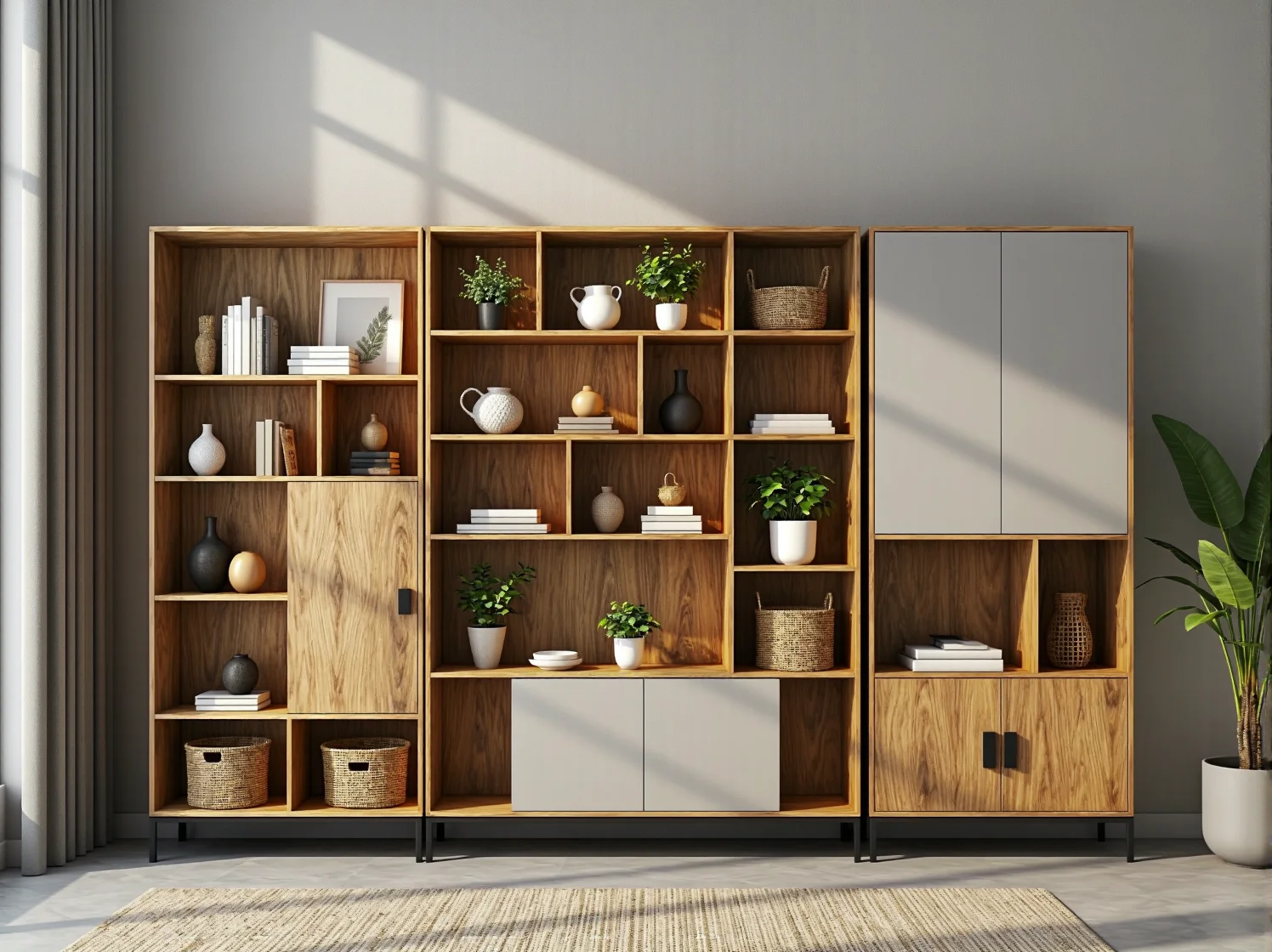 Elastyczny regał modularny w domowym biurze, ułatwiający organizację i adaptację nowoczesnej przestrzeni.