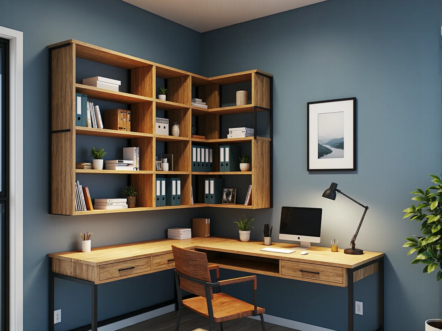 Narożny regał do małego pokoju, zapewniający oszczędność miejsca i funkcjonalną organizację domu.