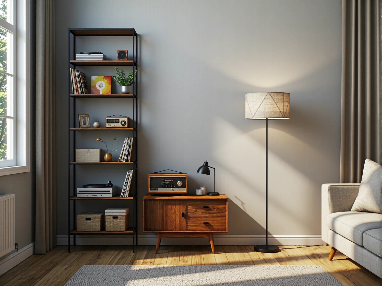 Stylowy regał vintage jako ścianka działowa w małym pokoju, oddzielający strefę wypoczynku od biura.