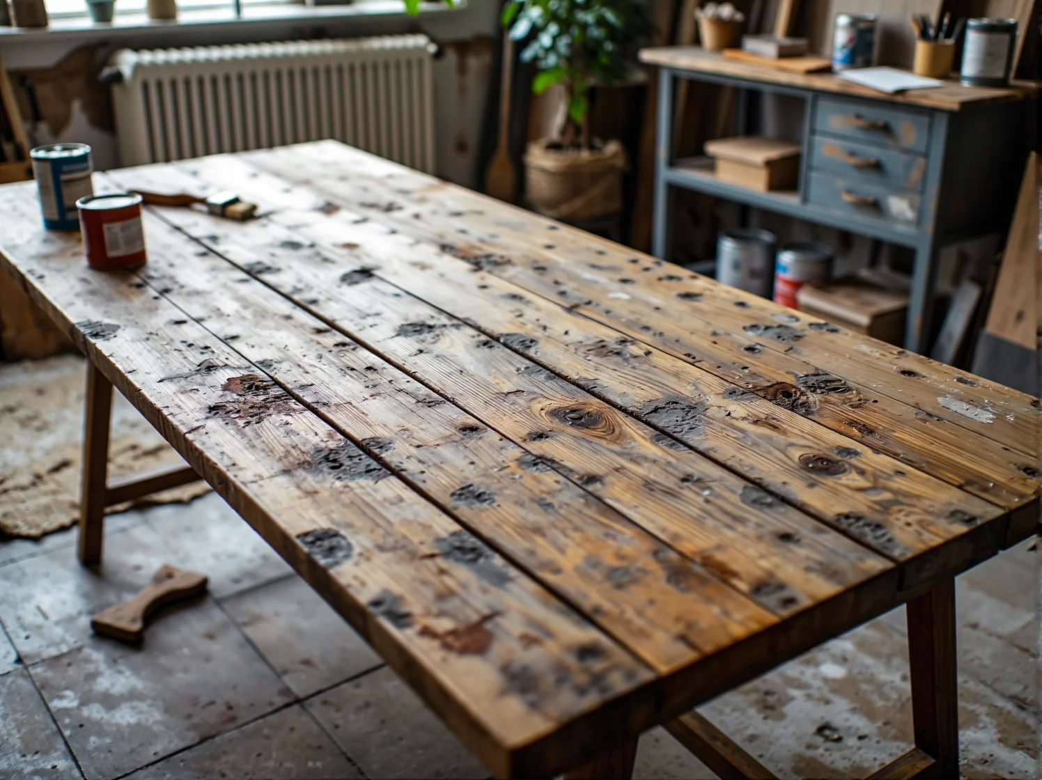 Renowacja stołu dębowego z metalowymi nogami w stylu industrialnym do jadalni.