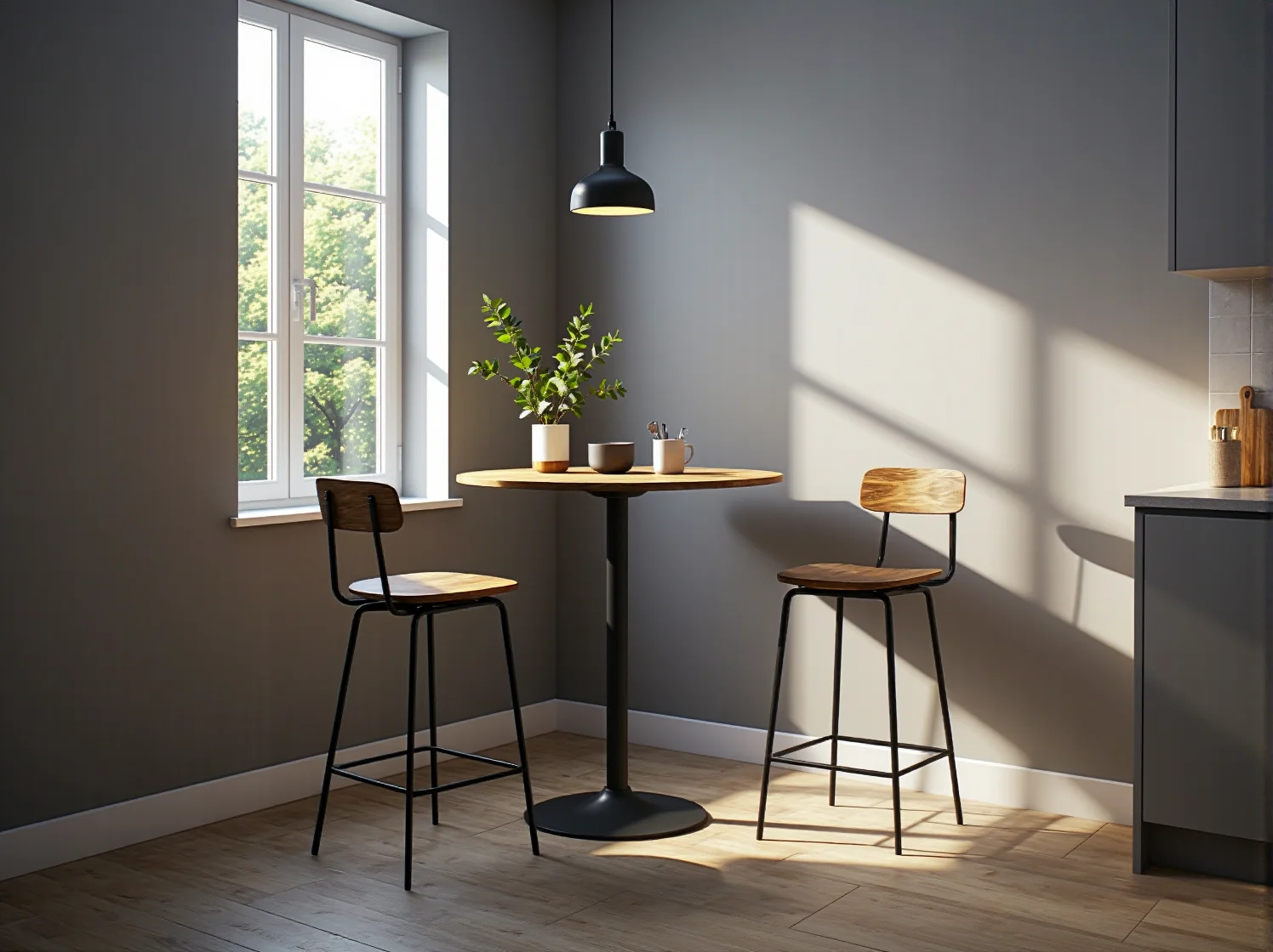 Składane krzesła drewniane w małej kuchni, sprytny sposób na zaoszczędzenie przestrzeni.