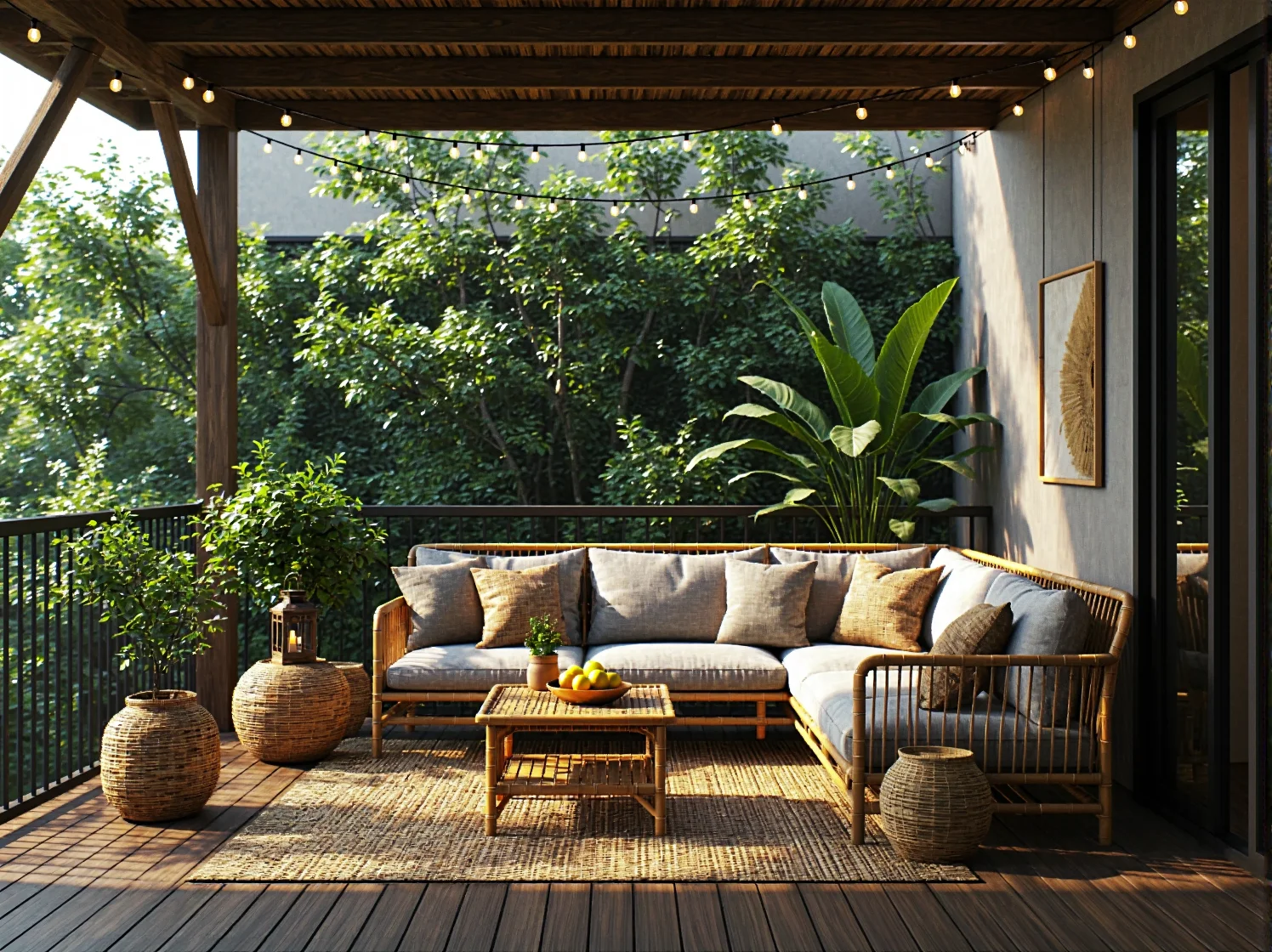 Bambusowa sofa z miękkimi poduszkami w ogrodzie - idealne miejsce na relaks na powietrzu.