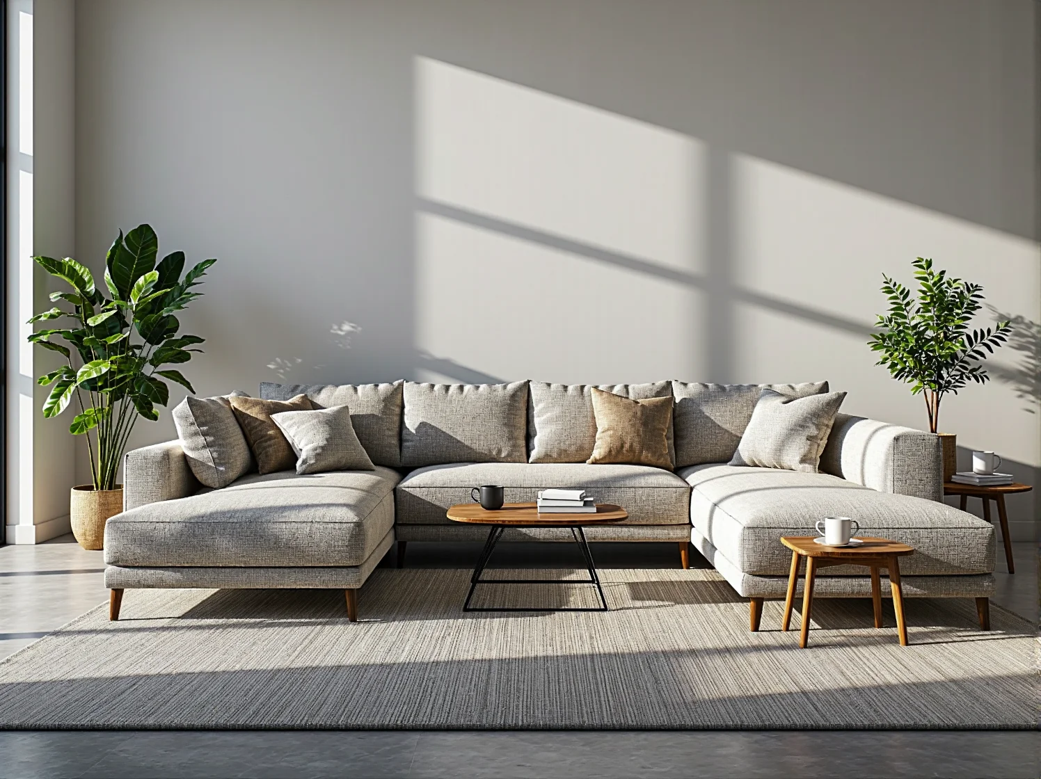 Detal jasnej sofy skandynawskiej z drewnianymi nóżkami w nowoczesnym wnętrzu.