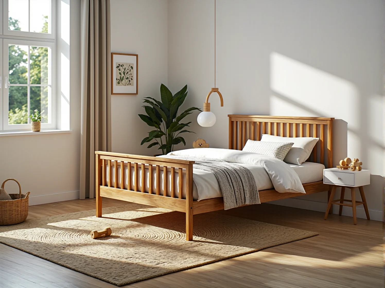 Drewniane łóżko dziecięce sosnowe z ażurowymi szczeblinami