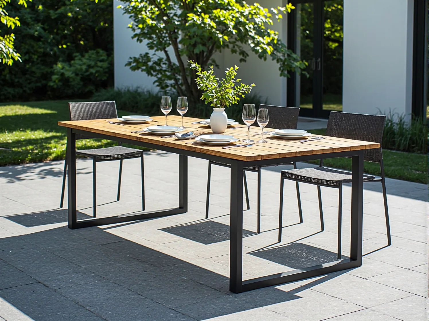 Stół ogrodowy ustawiony na wysokości obiadowej podczas spotkania na tarasie.