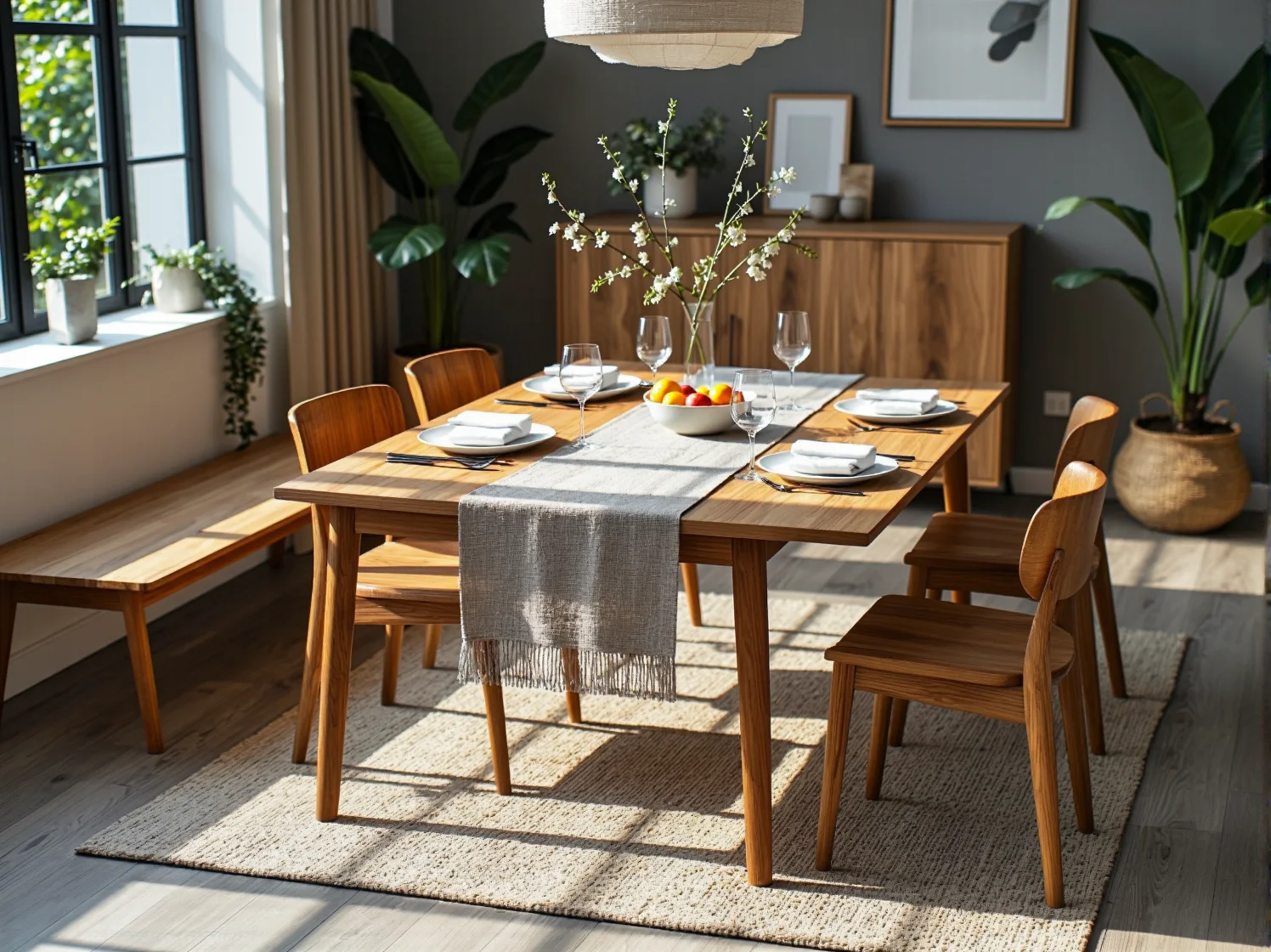 Nowoczesny mały stół w stylu skandynawskim z jasnym blatem i krzesłami.