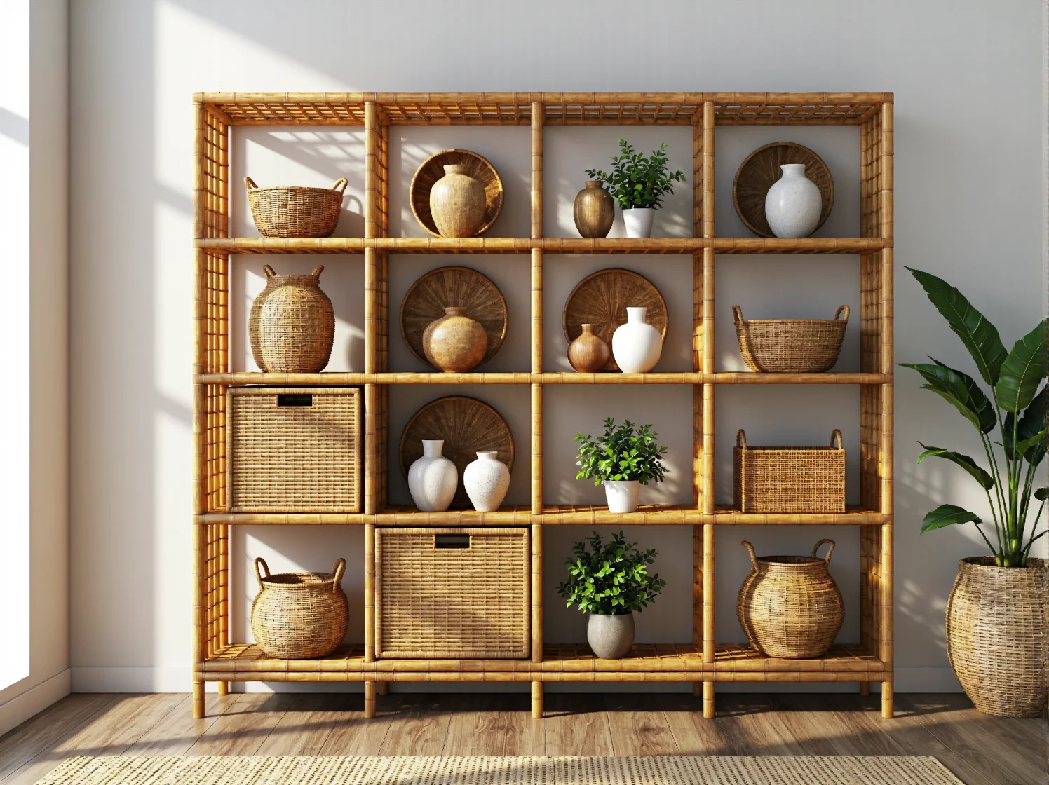 Stolik kawowy z bambusa z dekoracjami w stylu boho - nowoczesna aranżacja wnętrza.