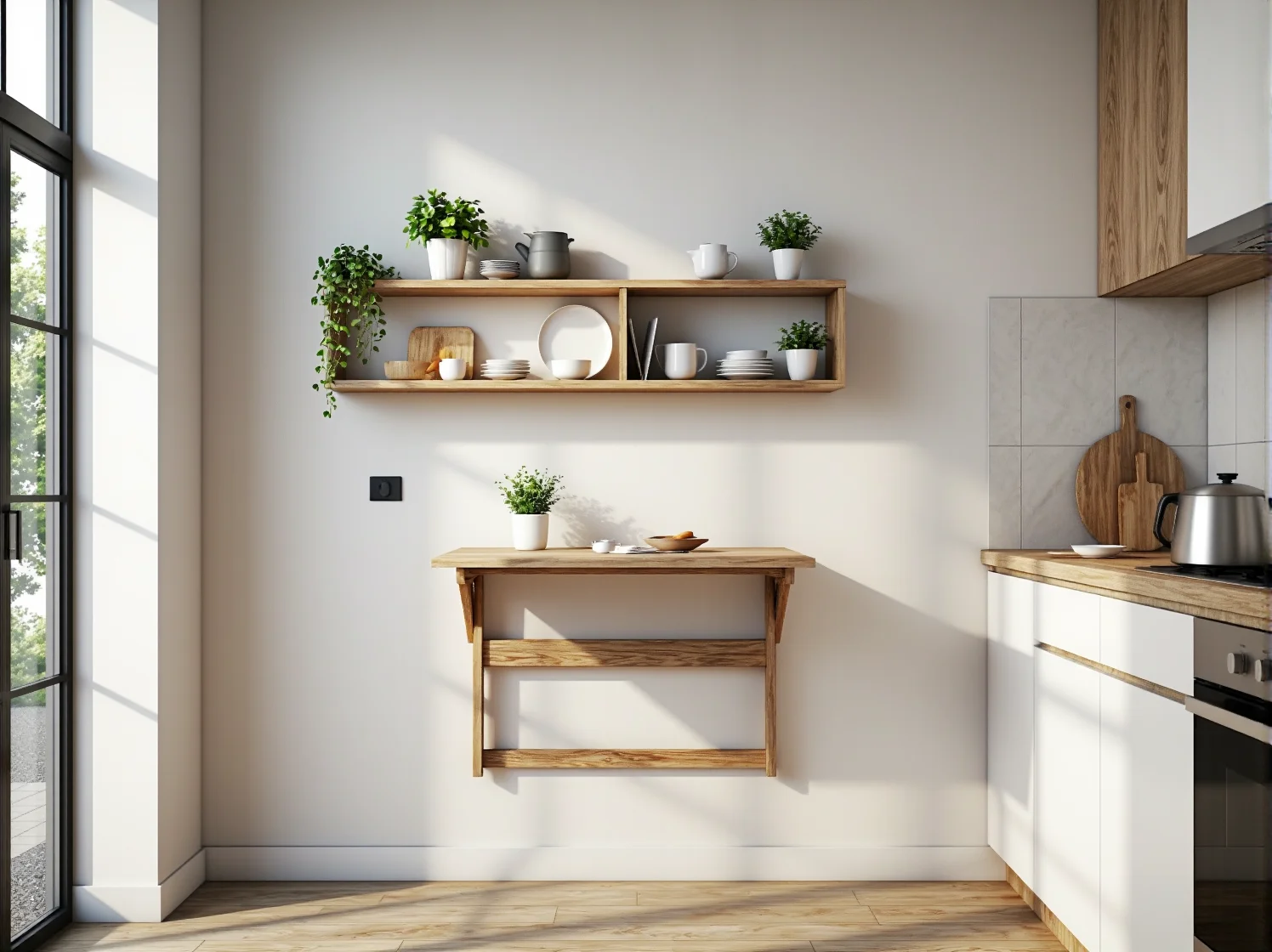 Ranking stolików składanych: okrągły blat i składane nogi w jasnym aneksie kuchennym.