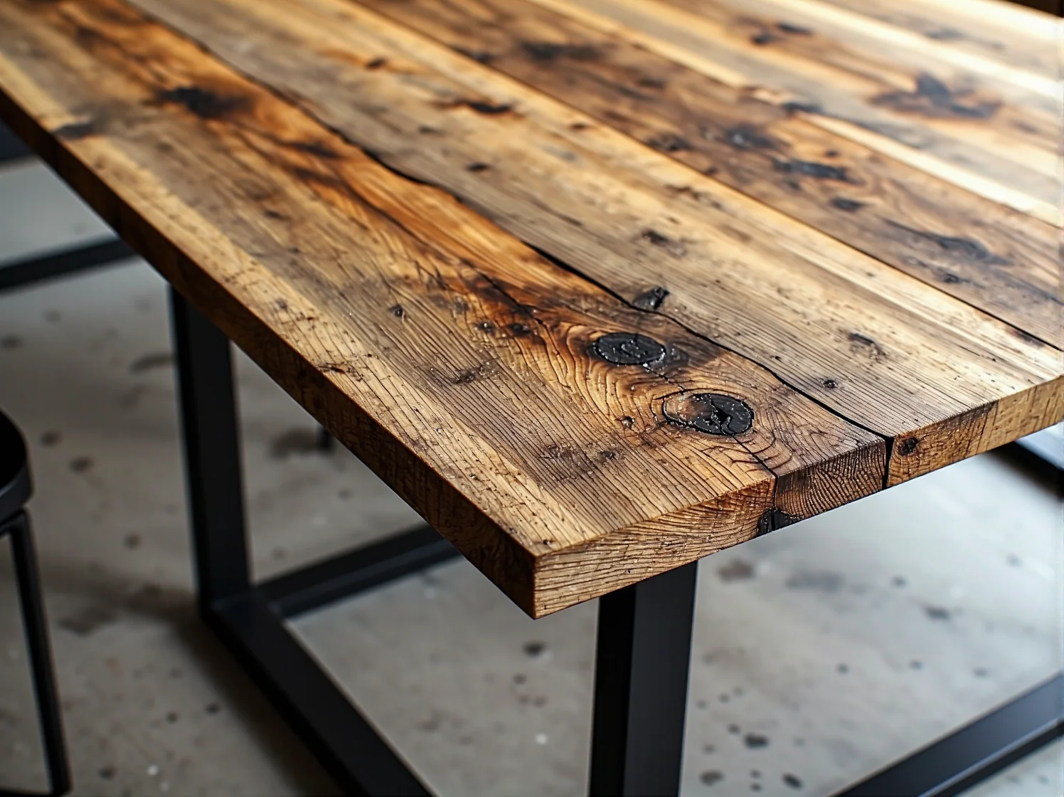 Blat ze strukturyzowanego drewna dębowego połączony z czarnymi, metalowymi elementami w stylu industrialnym.