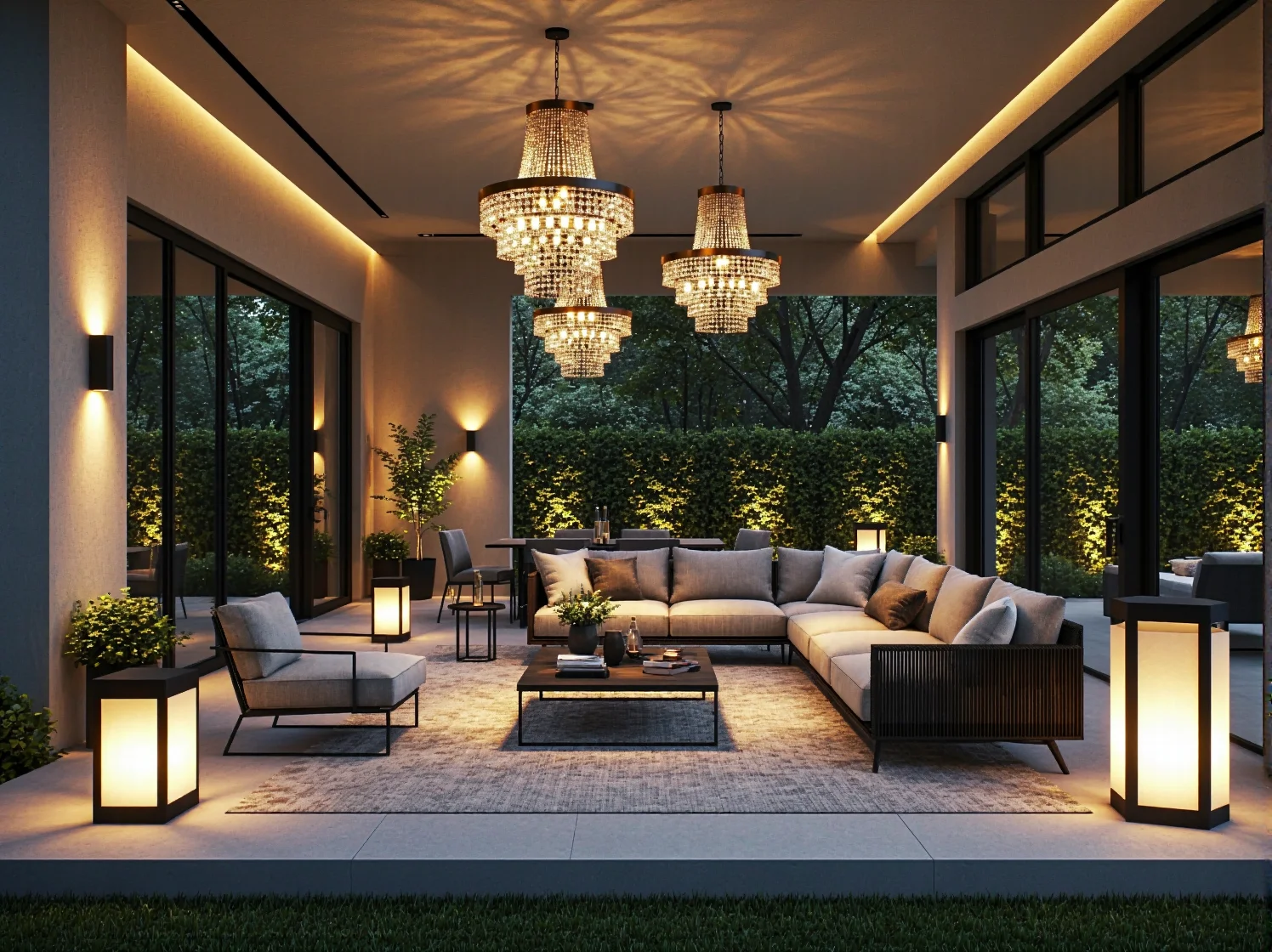 Stylowe oświetlenie tarasu glamour – kryształowe lampiony i sznury świetlne tworzące luksusowy klimat.