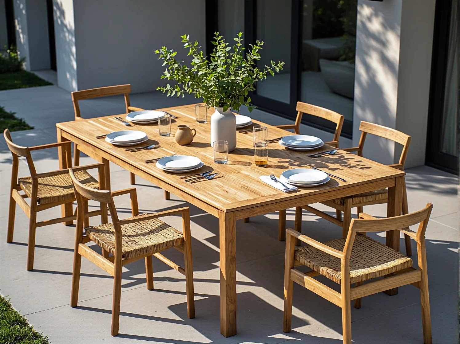 Szara sofa ogrodowa z tekstyliami w skandynawskiej aranżacji przestrzeni wypoczynkowej na zewnątrz.