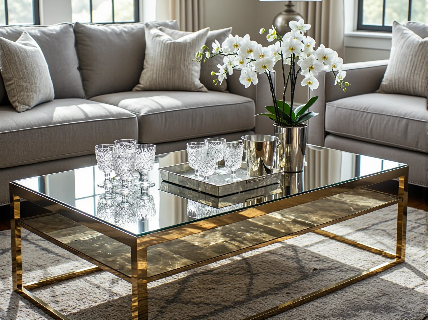 Szklany stół kawowy ze stalową podstawą – nowoczesny design glamour do salonu