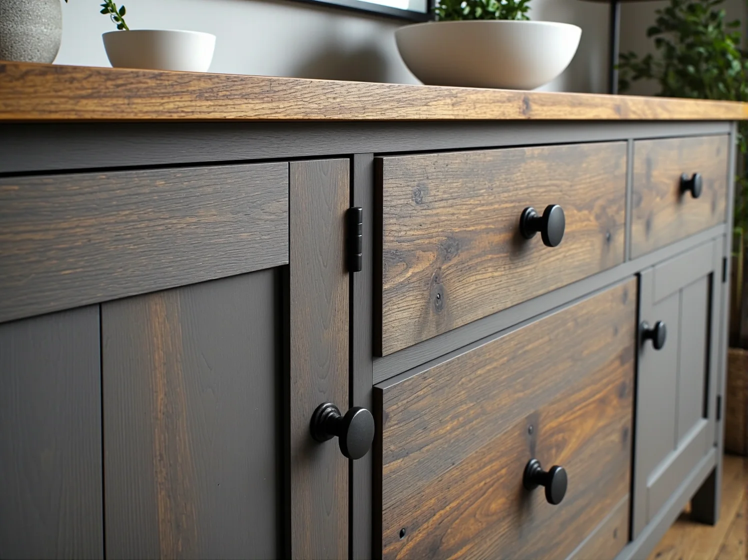 Przygotowanie starego kredensu do renowacji poprzez szlifowanie drewna