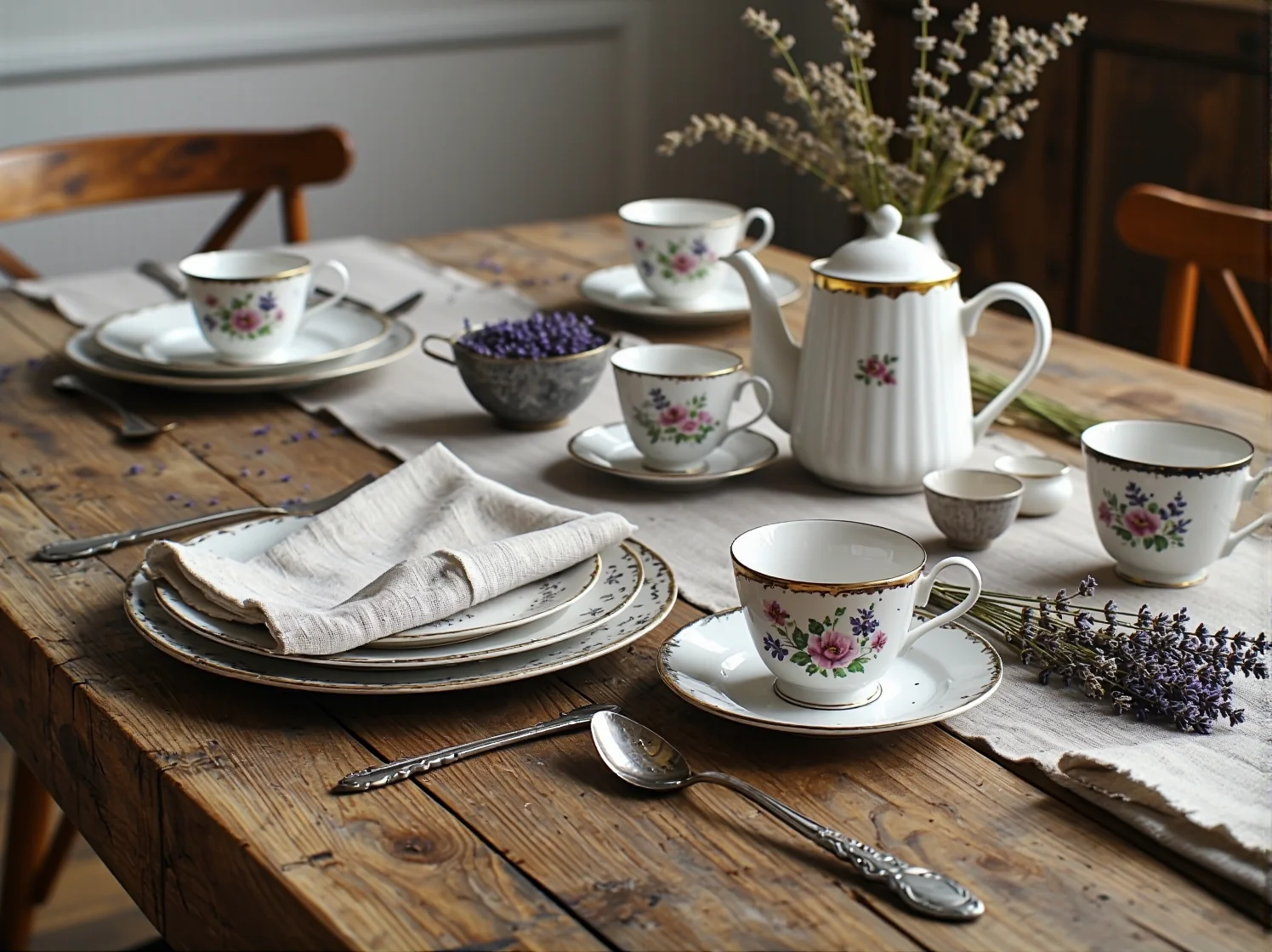 Stylowy taras w stylu retro z kutymi krzesłami i drewnianym stołem jadalnym.