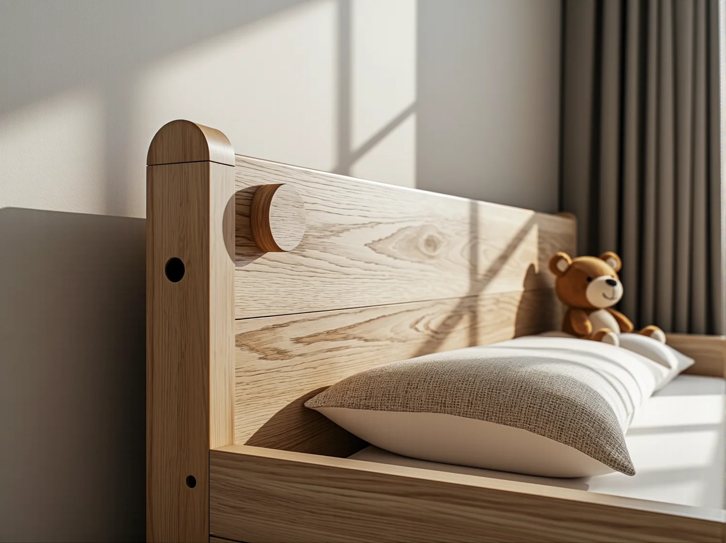 Trwałe łóżko dziecięce z drewna litego wykończone bezpiecznym lakierem wodnym.