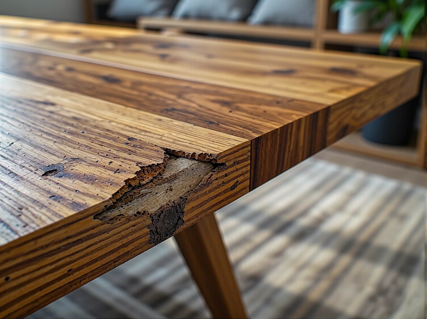 Usuwanie pęcherzy na fornirze przy użyciu strzykawki z klejem do drewna.