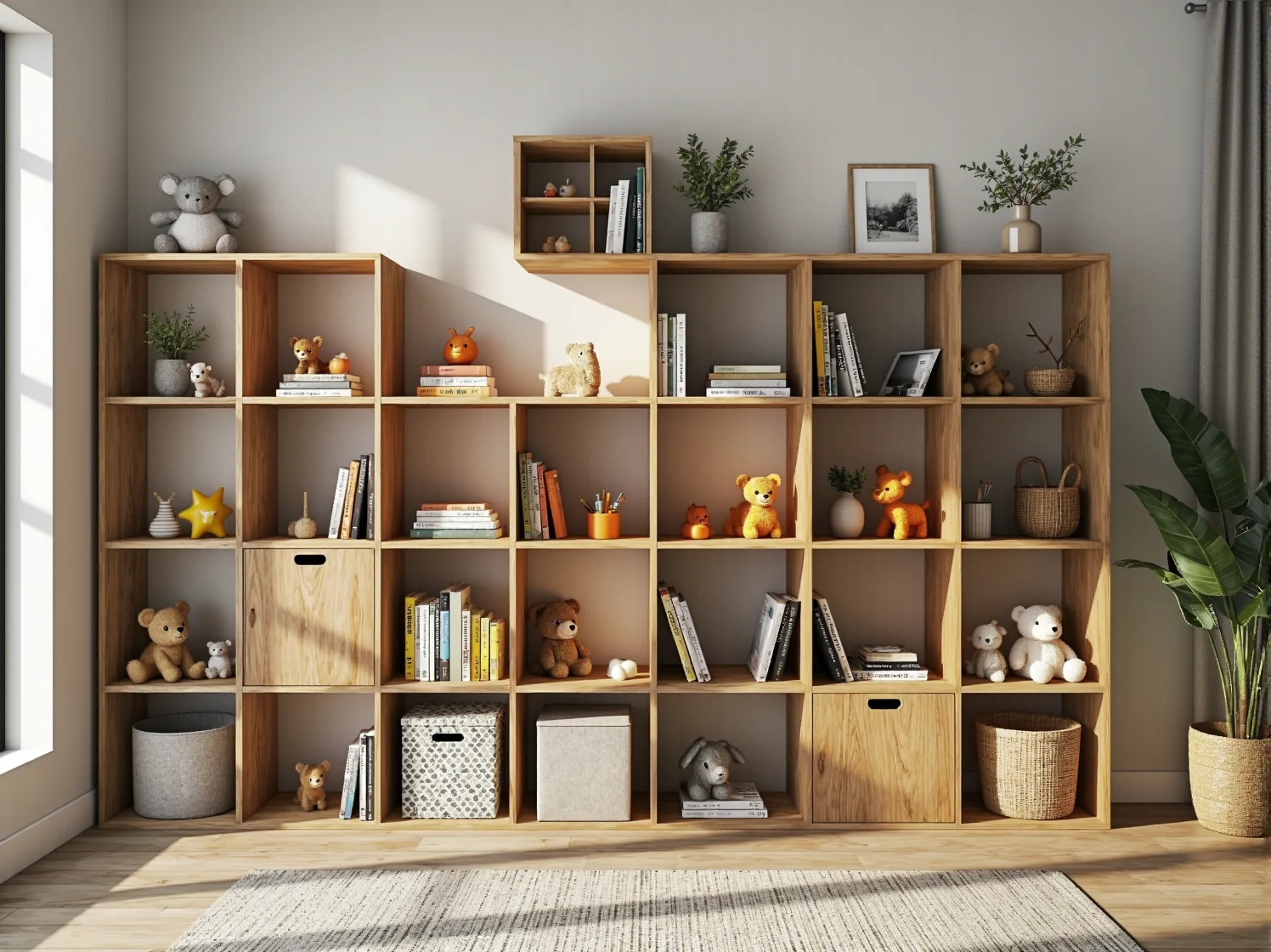 Wielofunkcyjne łóżko dla dziecka z szufladami na zabawki w małym pokoju, sprytne przechowywanie.