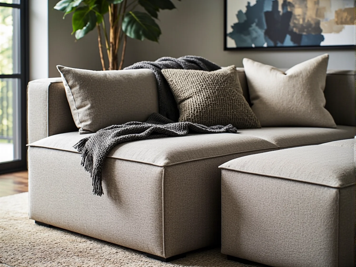 Wielofunkcyjne meble modularne w małym mieszkaniu, łączące funkcję stolika i dodatkowych miejsc do siedzenia.