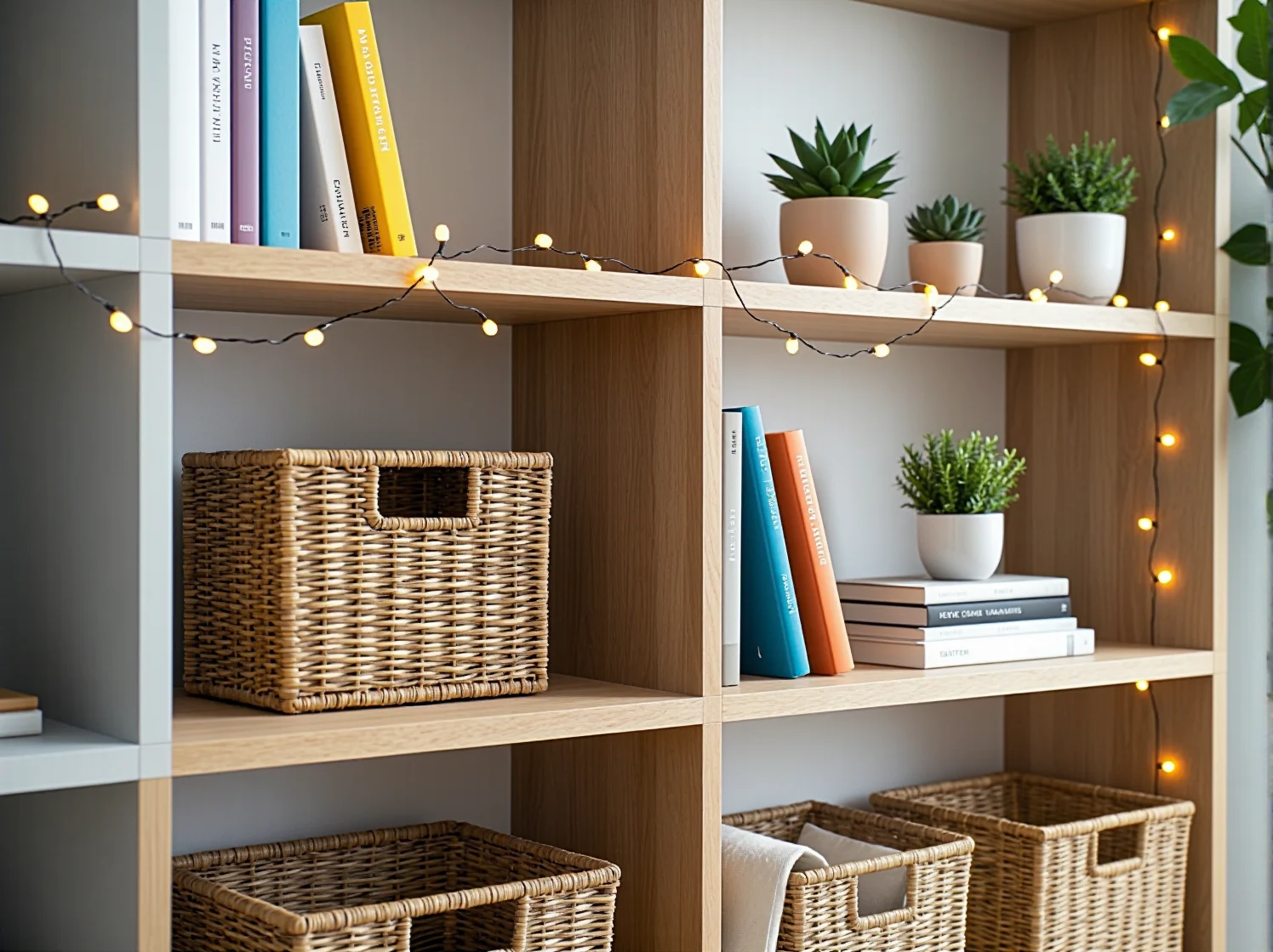 Wysoki regał pionowy aż do sufitu, sprytny sposób na dodatkowe przechowywanie w małym wnętrzu.