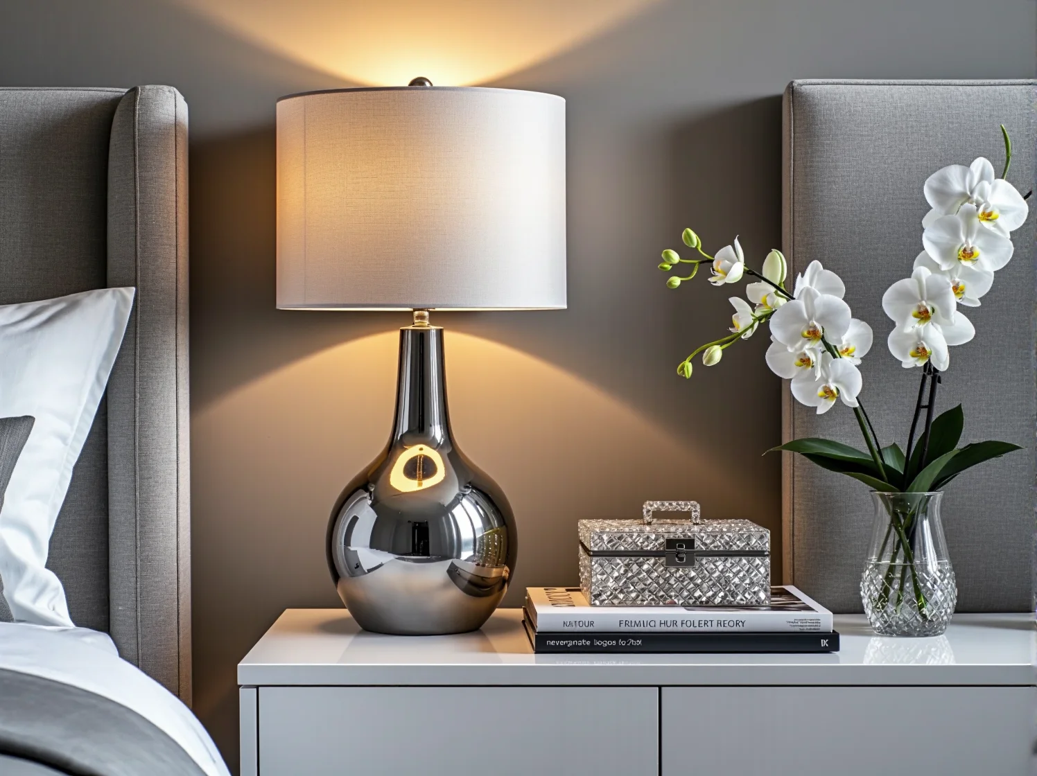 Złota lampa wisząca nad stołem w jadalni glamour, tworząca ciepły i luksusowy klimat wnętrza.