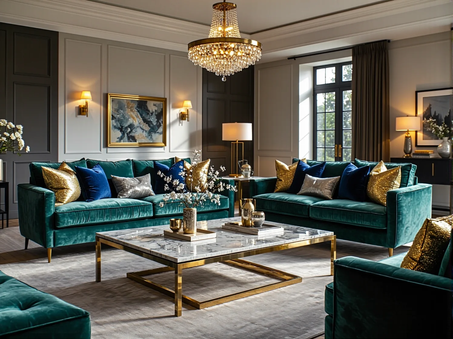 Złoty stolik kawowy glamour z marmurowym blatem i metalową ramą