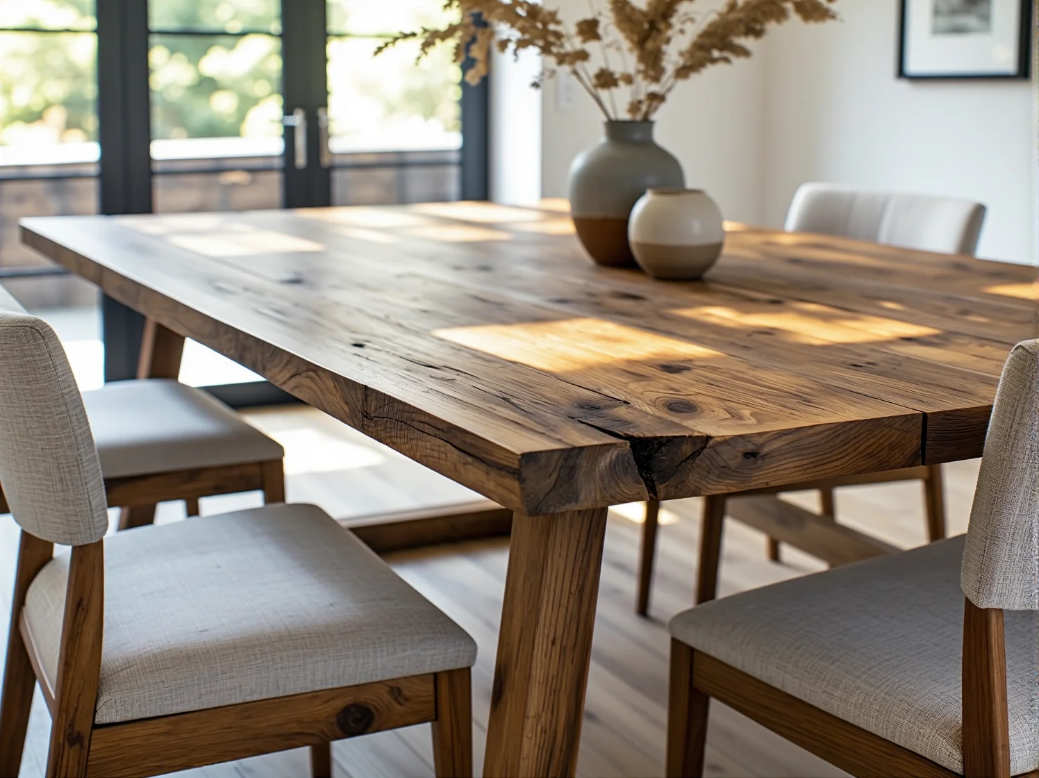 Zestawienie materiałów na meble zrównoważone: bambus, len oraz drewno z odzysku.